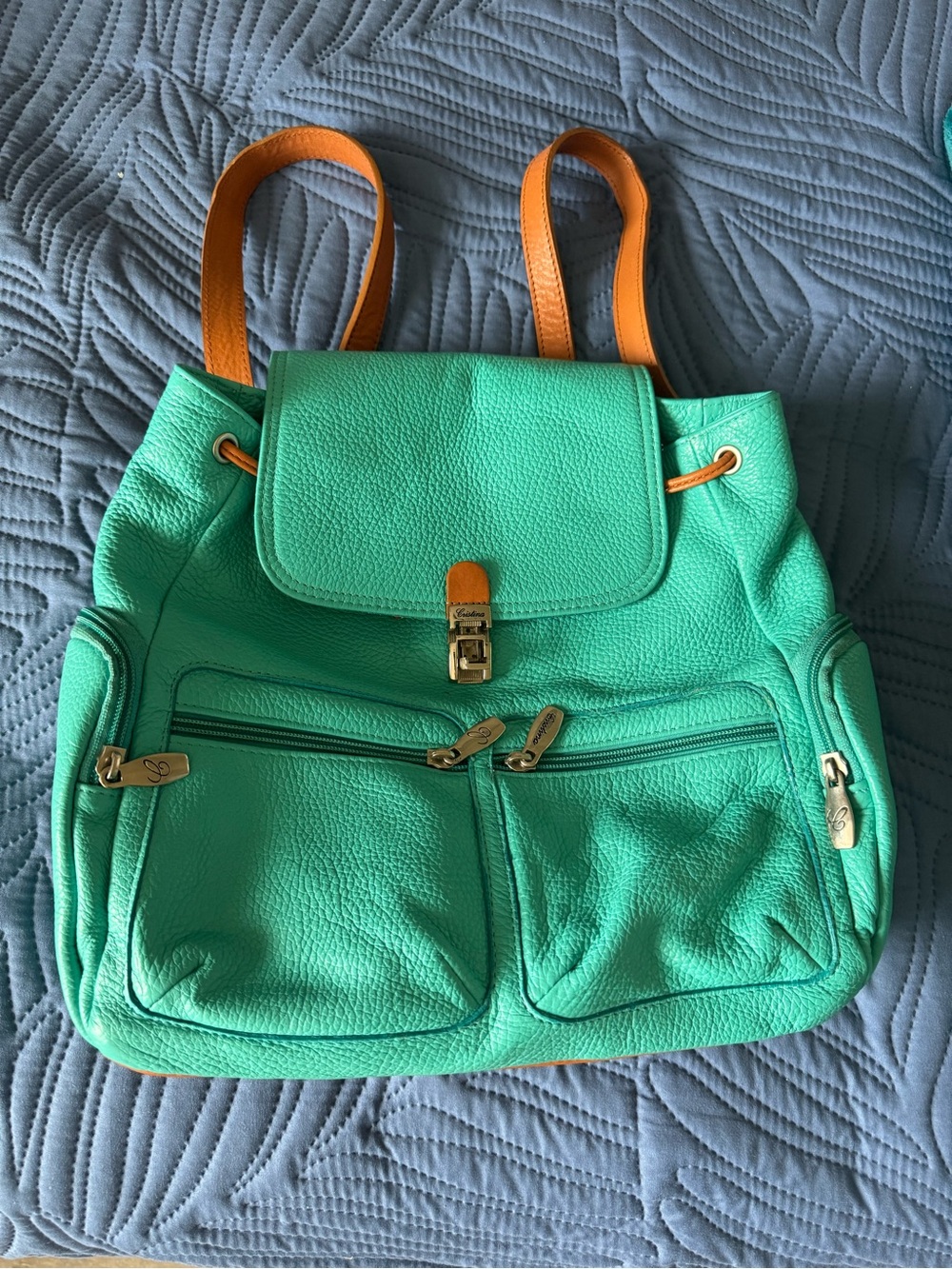 Turquoise Leather Backpack with Tan Straps